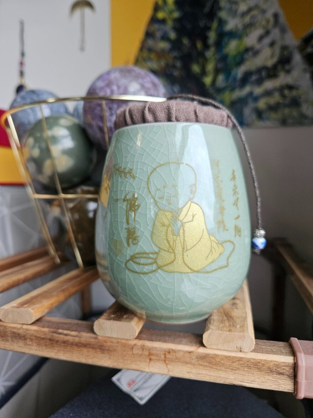 BRAND NEW Ceramic Chinese Tea Caddy Loose Leaf Crackle Glaze Buddhist Monk Pet